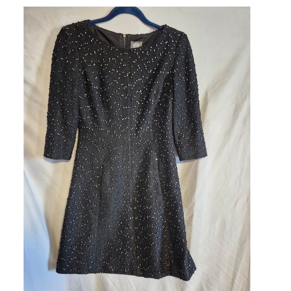 Vince Camuto Black Sequin Dress Fit & Flare 3/4 Sleeve Party Cocktail